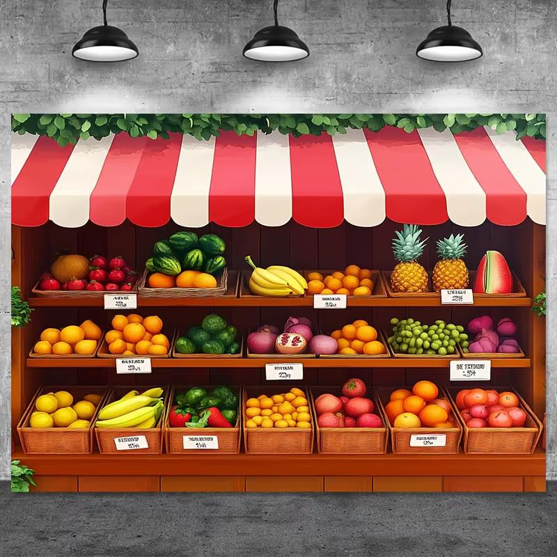 2D Cartoon Fruit Shop Backdrop Kids Birthday Market Theme Photography Background
