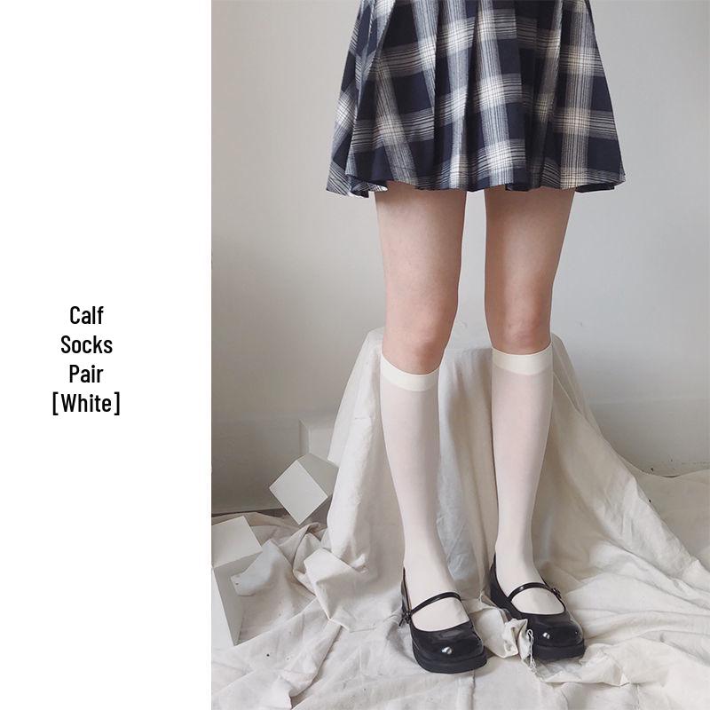 Japanese-Style White Silk Bow Knee-High Stockings