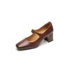 Casual Fashion Single Shoes Women's New Comfortable Large Size Small Leather Shoes Square Head High Heel Beef Tendon Soft Sole Low Top Thick Heel Le