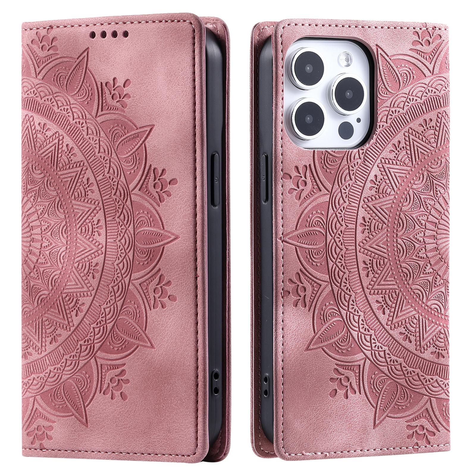 

For iPhone 16 Pro Max Case Imprinted Mandala Leather Magnetic Closure Phone Cover Rose Gold
