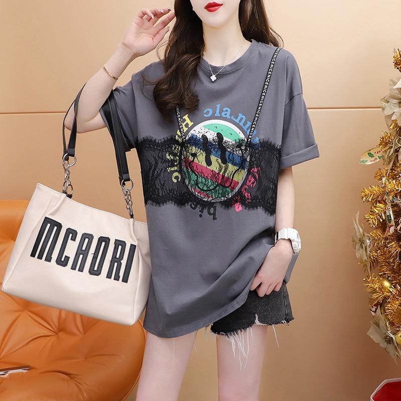 

Женская футболка с короткими рукавами и ленивой кружевной строчкой, круглый вырез, женский летний свободный утягивающий топ 3XL