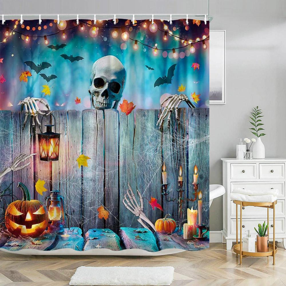Scary Halloween Shower Curtains Black Cat Pumpkin Shower Curtain Witch Purple Bat Spider Web Cloth Shower Curtain Bathroom Decor