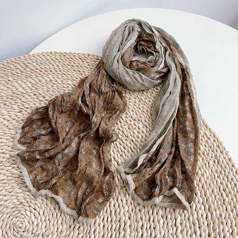 Autumn Winter Floral Scarf Retro Versatile Korean Version Cotton And Linen Scarves Women'S Thin Breathable Shawls