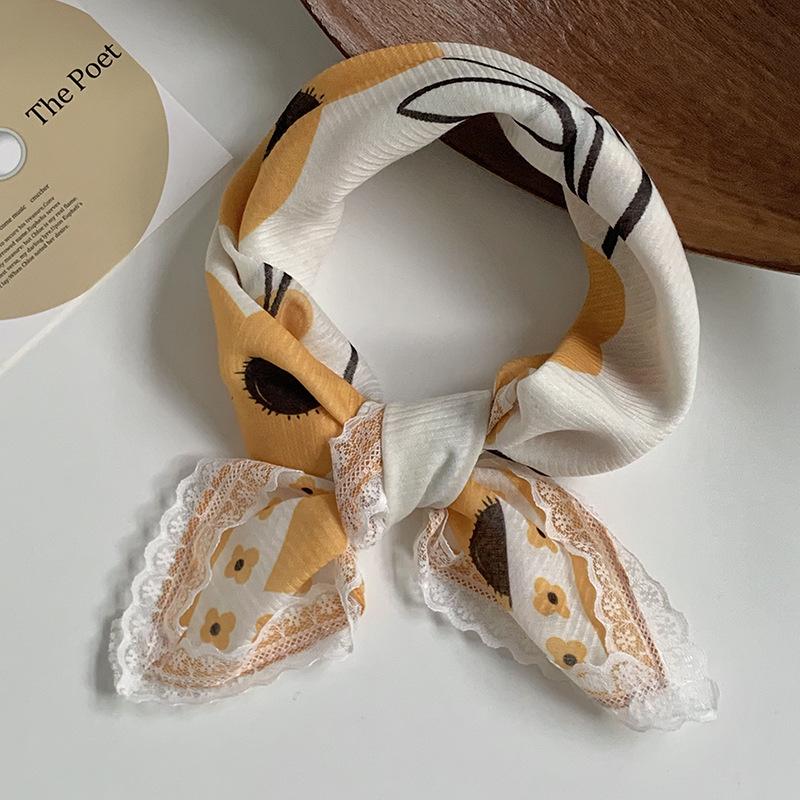 Silk scarf neck small square scarf new multi-color versatile headscarf summer women's pastoral lace headband hair accessories decorative small scarf