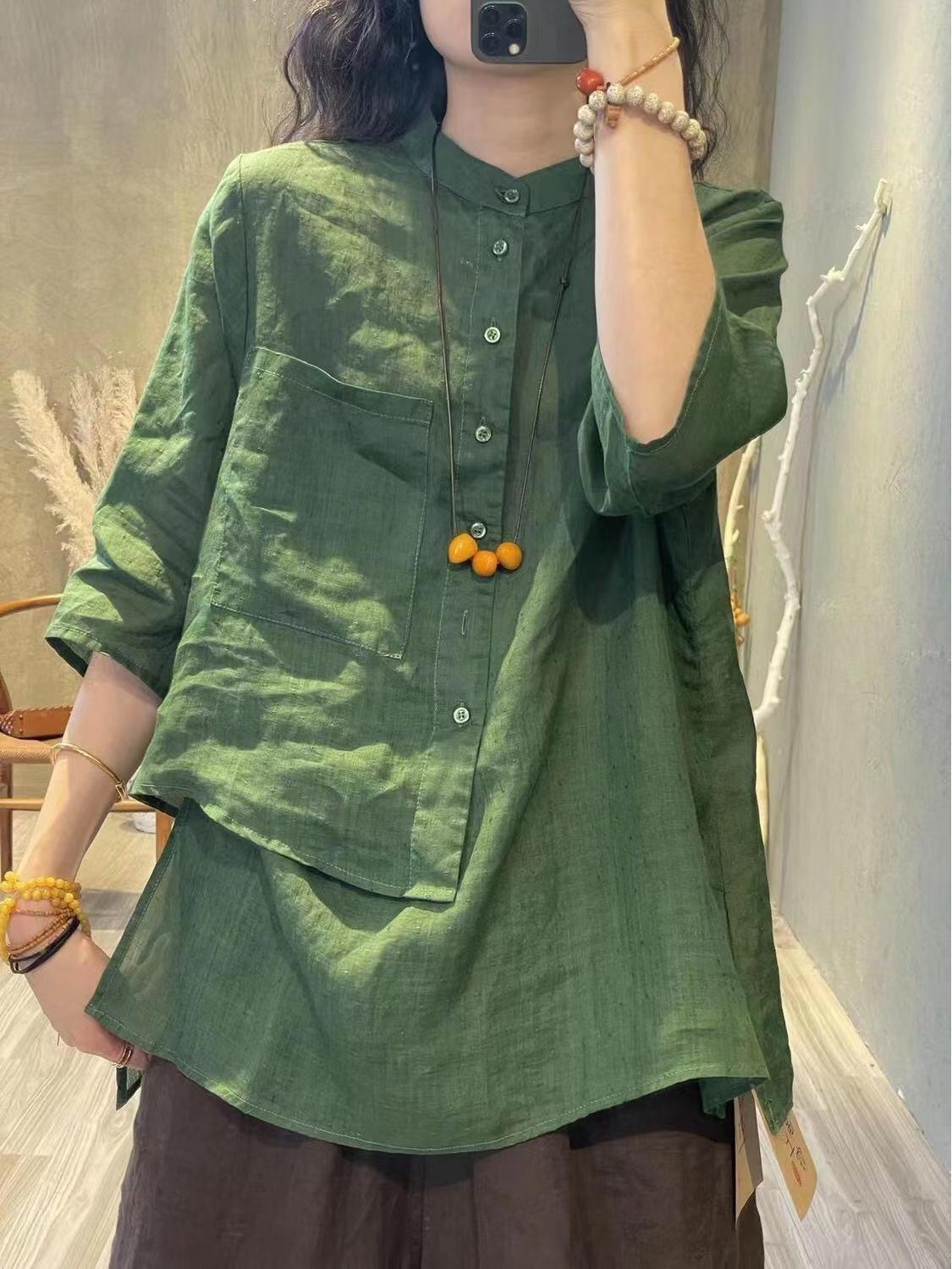 

Женская ретро рубашка из хлопка и льна с нерегулярным рукавом семь восьмых - Дизайн осени 2024, лестный свободный крой M зелёный