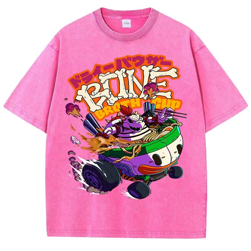T-shirt with Skull Animal Print In Bowl Noodles Men's and Women's water-Wash Retro  T-shirt Casual Loose Top T Shirt