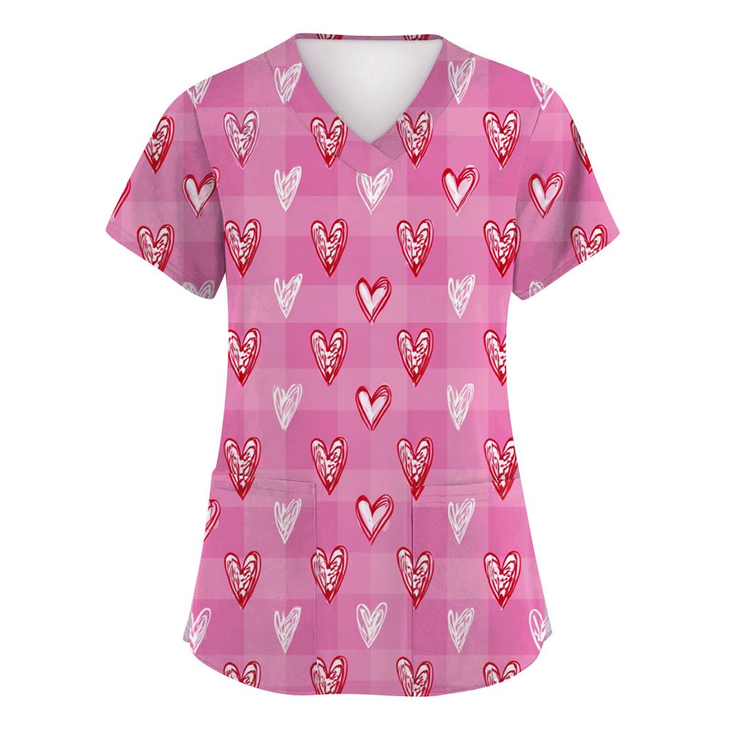 Women V Neck Printed Scrub Top with Heart Pattern Short Sleeve Uniform Top for Veterinary