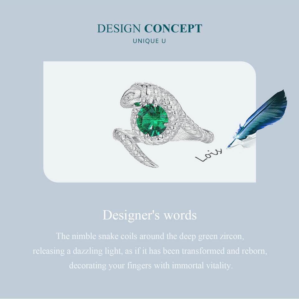 Bamoer 925 Sterling Silver Green Spinel otevírací prsten Vivid Snake Nastavitelný prsten pro ženy Jemné šperky z kubických zirkonů