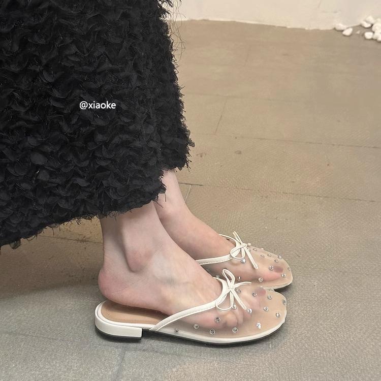 Nai Pai French temperament flat bottom gentle evening half slippers women's summer wear bow-tie ballet bag head cool slippers