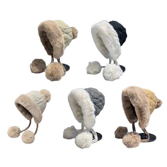 Women Quilted Hat Winter Padded Warm Hat with Cute Pom Pom Ear Protection Fuzzy Hat with Drawstring for Autumn Winter Street Daily Wear