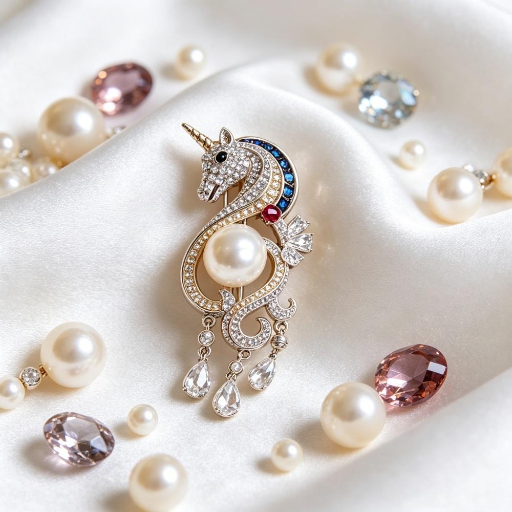 

Natural freshwater pearls, magical unicorn brooch, symbol of miraculous purity and magic, multi-color crystal and tassel design.