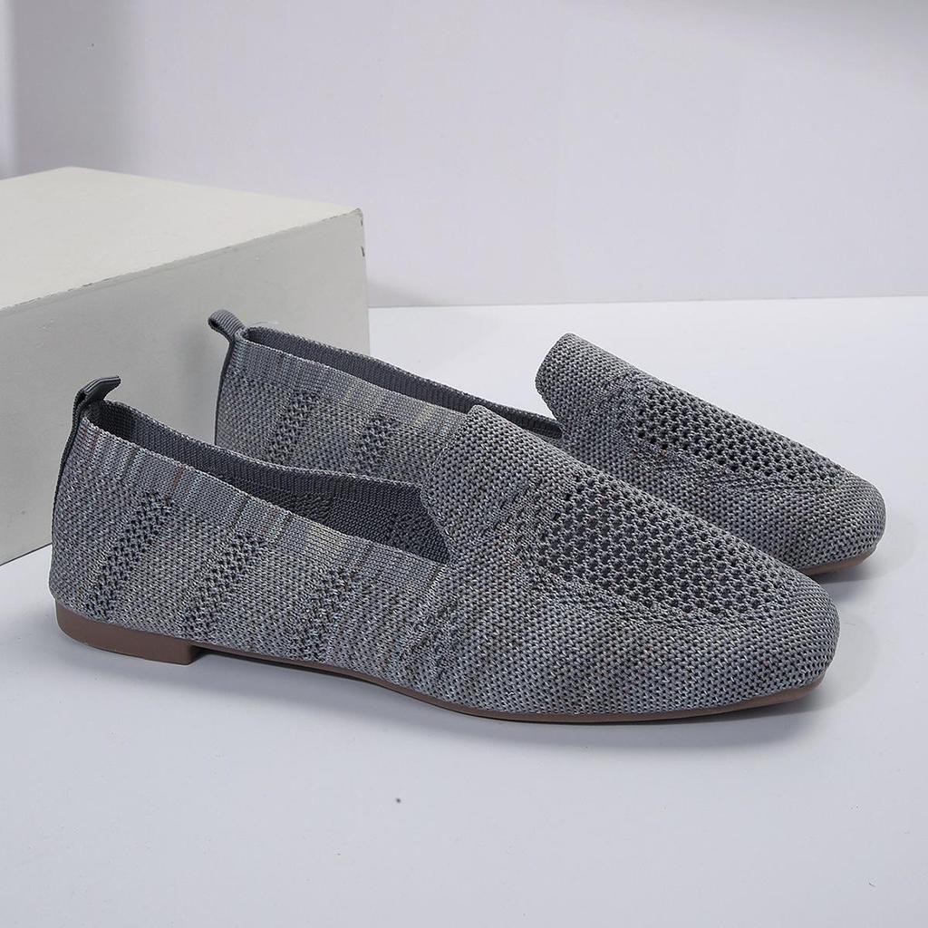 2024 NEW Solid Color Square Toe Mesh Loafers Shallow Women Flats Shoes Soft Bottom Knit Flats Mesh Shoes Casual Slip On Boat Shoes