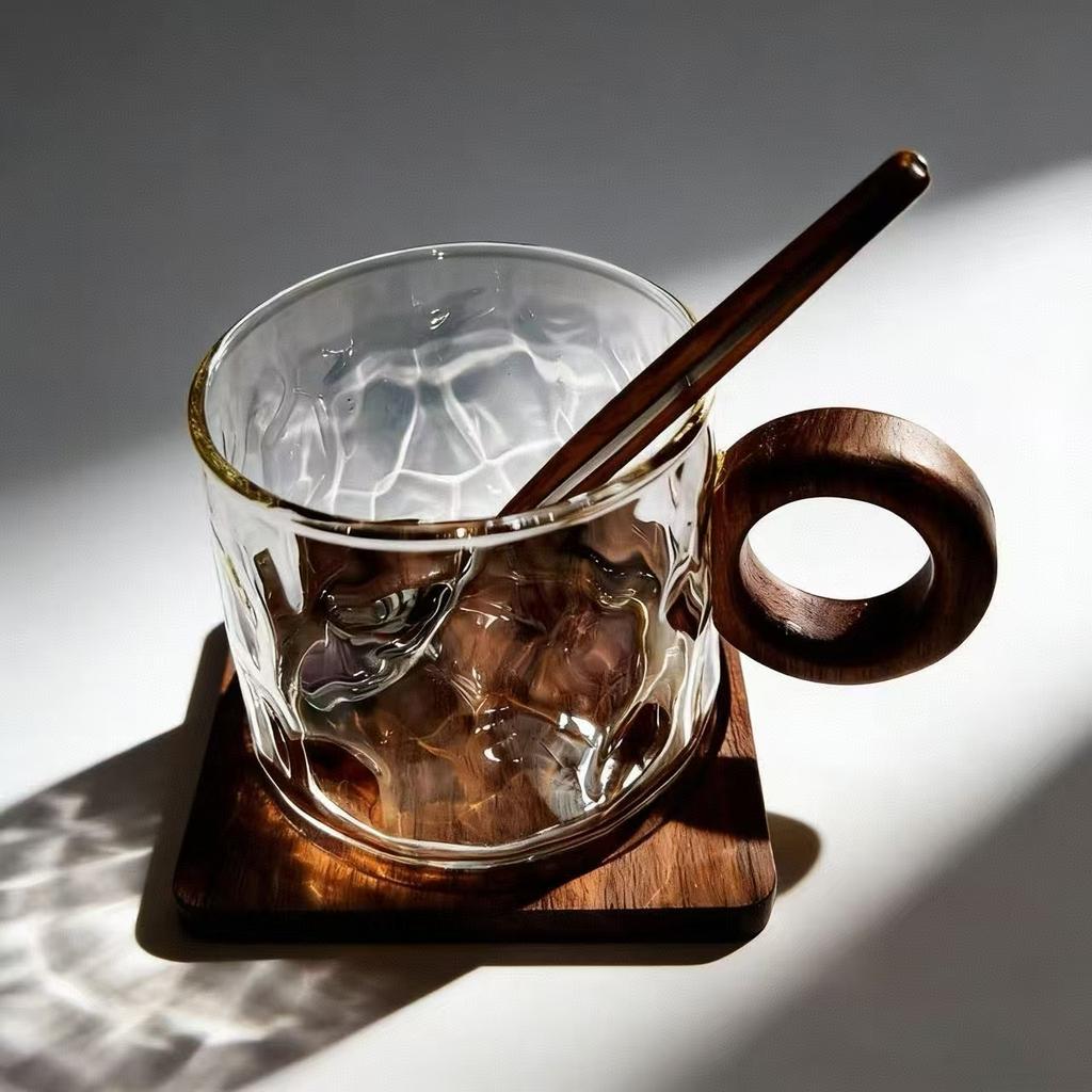 200ml Glass Coffee Mug with Hollow Wooden Handle, Heat Resistant Borosilicate Glass Cup for Espresso, Latte, Iced Coffee