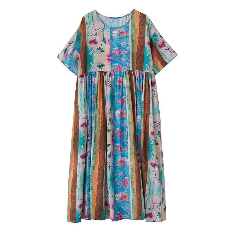 

XITAO O-neck Print Floral Pleated Dress ZMY1022 One Size синий