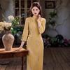 1011 autumn new cheongsam yellow embroidered butterfly long cheongsam retro slim side buckle stand-up collar cheongsam of the Republic of China