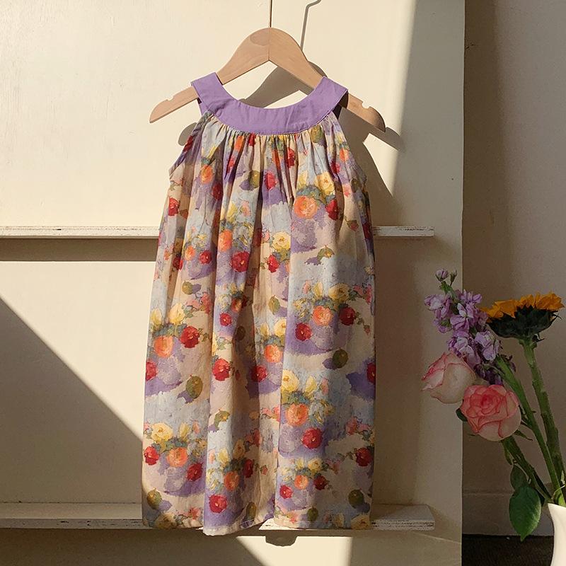 Summer Girls Printed Spaghetti Strap Dress Sleeveless Backless Princess Children Fashion Dress 90cm