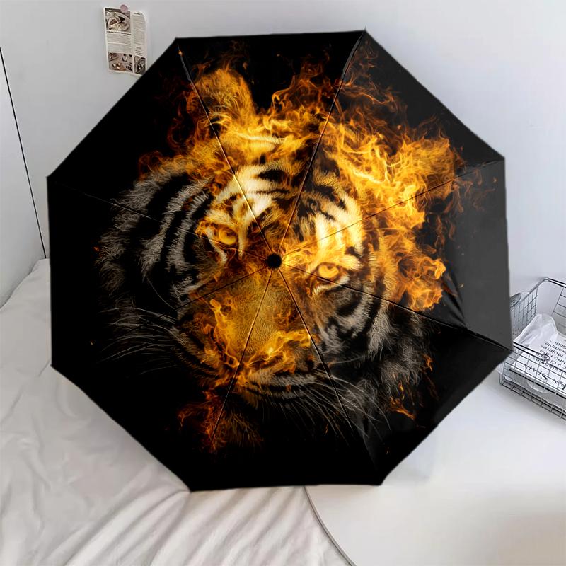 

Flame Tiger pattern, automatic folding umbrella, portable and foldable design, 8 ribs, a Christmas or birthday gift.