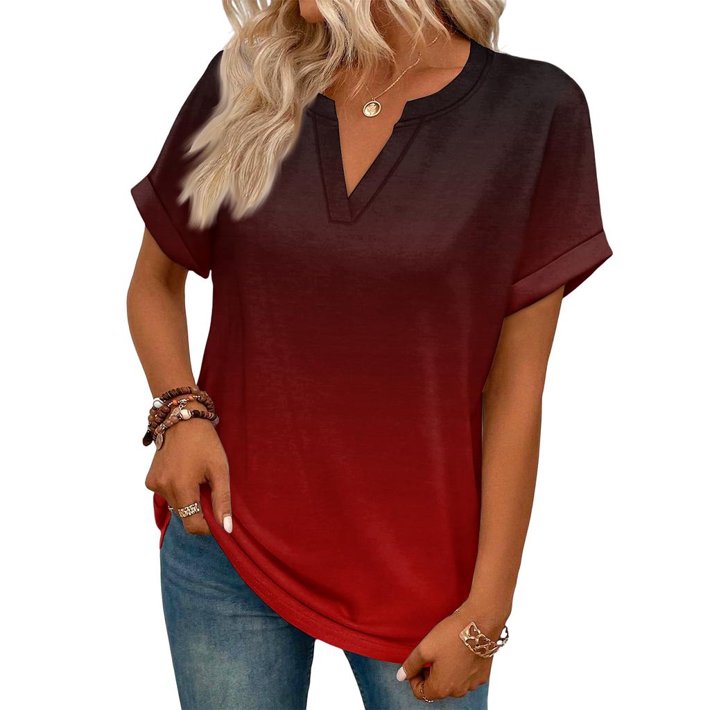 Modny Damski Casualowy T-shirt z Dekoltem V, Krótkim Rękawem i Gradientem