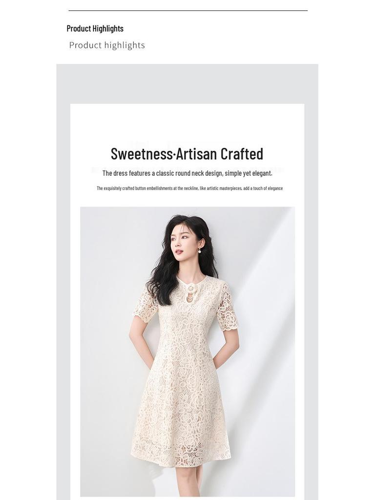 French Sequin Embroidered Lace Dress, Round Neck, Elegant Waist-Gathering, Summer Style for Women.