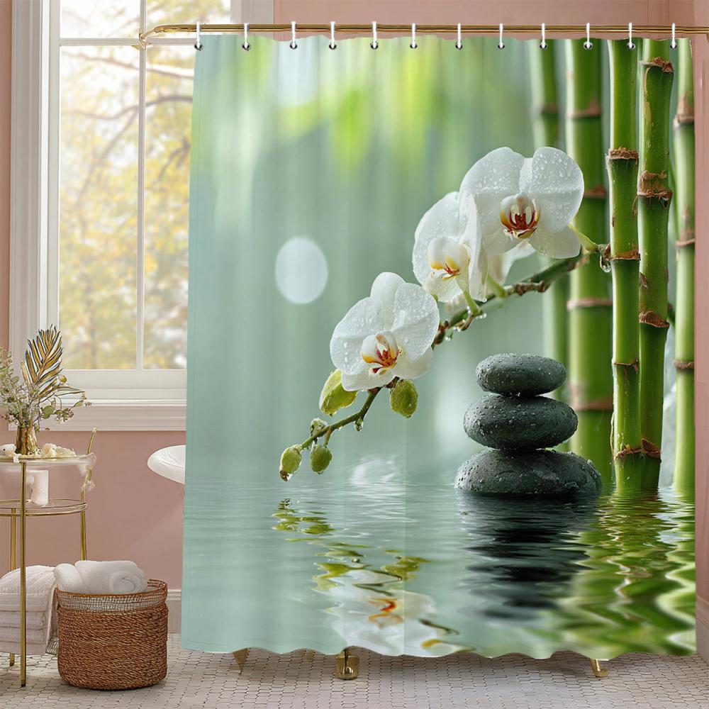 Zen Garden Bamboo Spa Stone Flower Theme Shower Curtain, Bathroom Decorative Shower Curtain, Print polyester Curtain with Hooks