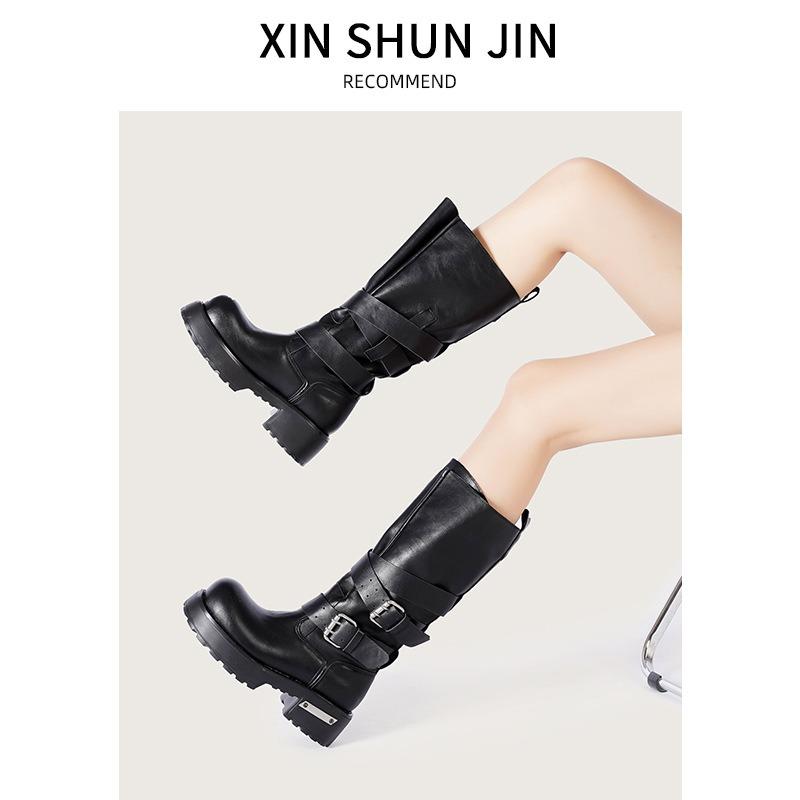 Retro belt buckle venom boots summer new bundle mouth big tube circumference thick bottom heightening punk locomotive boots