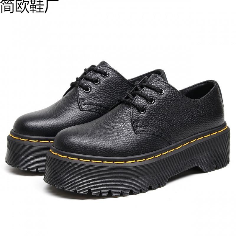 Martin boots small leather shoes women's low-top, first-layer leather lychee pattern round head student muffin bottom short boots