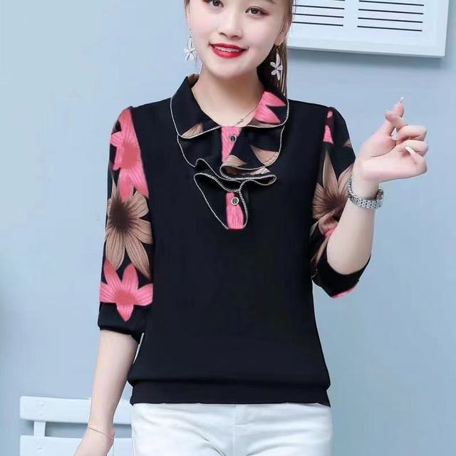 M-5XL primavera otoño nueva camisa con cuello tipo Polo para mujer moda mamá blusa de manga larga Camiseta holgada con estampado