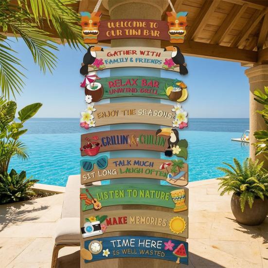Hawaii Tiki Bar Welcome Sign, Summer Beach Farmhouse Wooden Hanging Sign, Tropical Wall Decoration Plaque for Hawaiian Luau Party