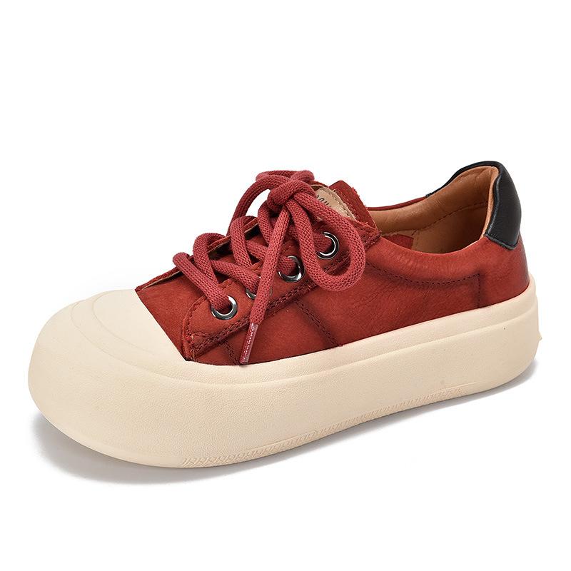 Johnature Genuine Leather Casual Women's Shoes Versatile Lace Up Round Toe Thick Soled Flat Shoes