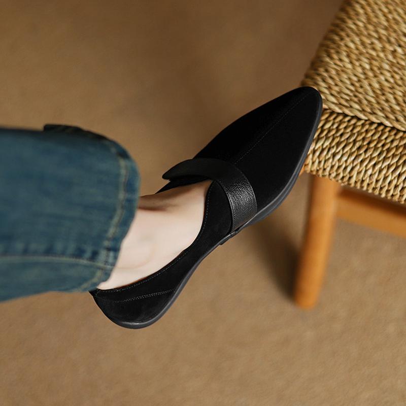 Mode NY Vår/Höst Dam Pumps Spetsig Tå Klumpig Klack Skor Får Mocka Läderskor för Kvinnor Slip-on Dam Loafers Svart Sko