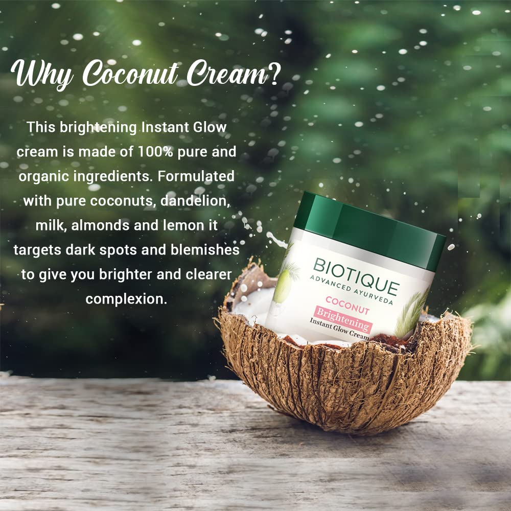 Biotique Coconut Brightening Glow Cream 50g | Natural Radiance Face Moisturizer | Lightweight Non-Greasy Formula | Dark Spot Reduction