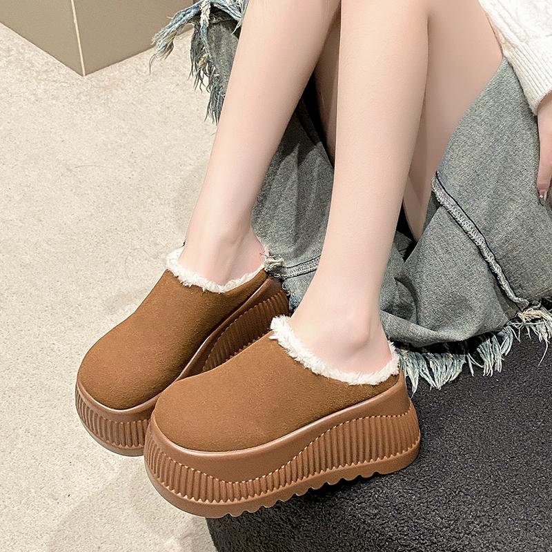 Women Platform Fur Slippers Suede Mules Shoes Winter  Trend Casual Snow Boots Short Plush Warm Cotton Shoes 10CM High Heels