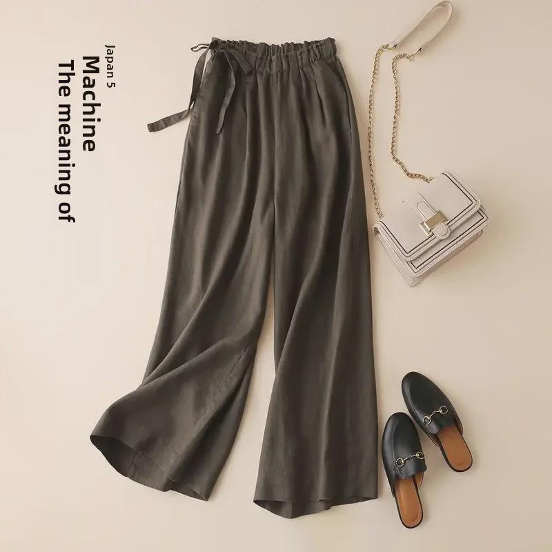 Damen Weitbeinige Cropped Leinen-Baumwollhose - Hohe Taille, Lockere Passform für Frühling/Sommer 2024.