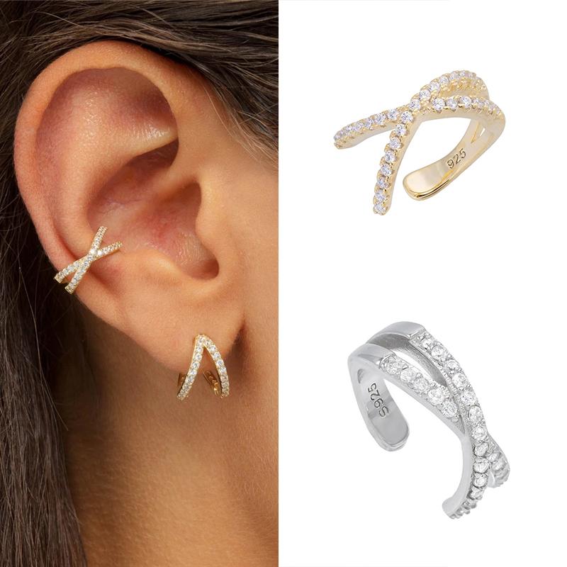ROXI Luxury Three Rows Zircon Stone C Shape Ear Cuff No Piercing Earrings for Women Girls Boho 925 Silver Clip Earring