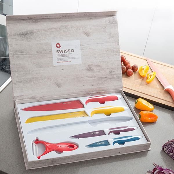 SHOP-STORY - SWISS Q CERAMIC : Set of 5 Stainless Steel Kitchen Knives Coated with Ceramic with Peeler