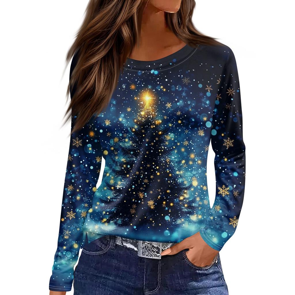 Damenmode, lässig, Schlitzsaum, Rundhalsausschnitt, langärmelig, lockeres T-Shirt mit Weihnachtsdruck