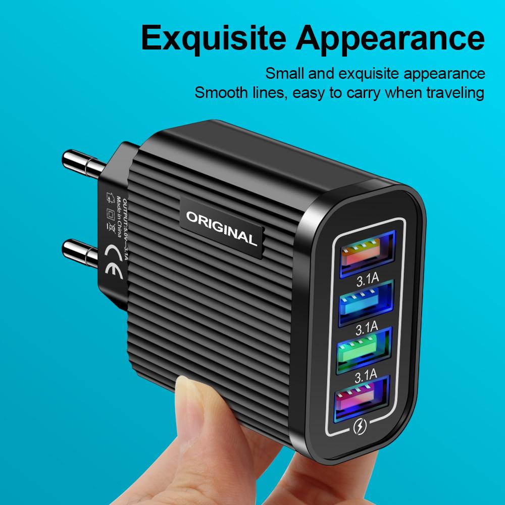 Phone Charger 4 Port USB Fast Mobile Phone Charger Adapter 5V 3A for iPhone Samsung Huawei Xiaomi Quick Charging Power Source