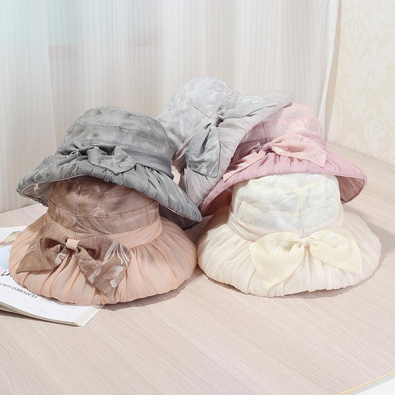 New bow seersucker sun hat children spring and summer big brim foldable sunscreen thin mesh hat