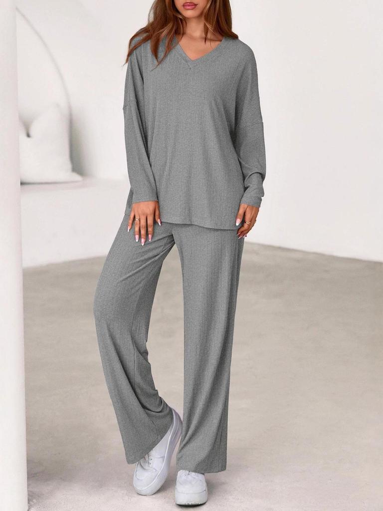 2025 Stylish European & American Loose-Fit Casual Pocket Round Neck Wide-Leg Set for Women