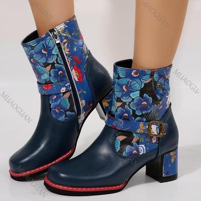 Stivaletti Corti da Donna Stampa Floreale Patchwork Punta Tonda Fondo Spesso Scarpe da Donna Moda Chunky Tacco Alto Fibbia con Cinturino Botas Mujer