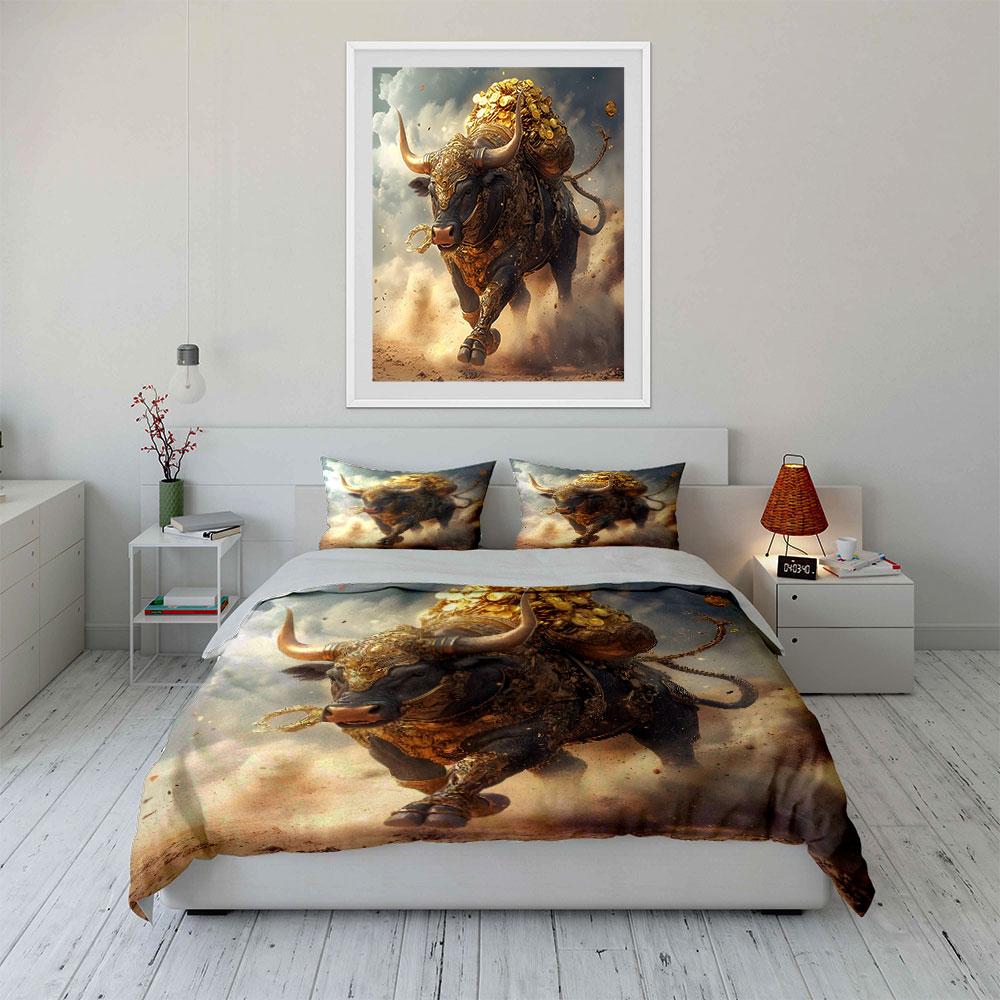 Golden Bull Statue Decor Set Multiple Sizes Kid'S And Adults' Bedroom Exquisite 3Pc Bedding Set, Gift