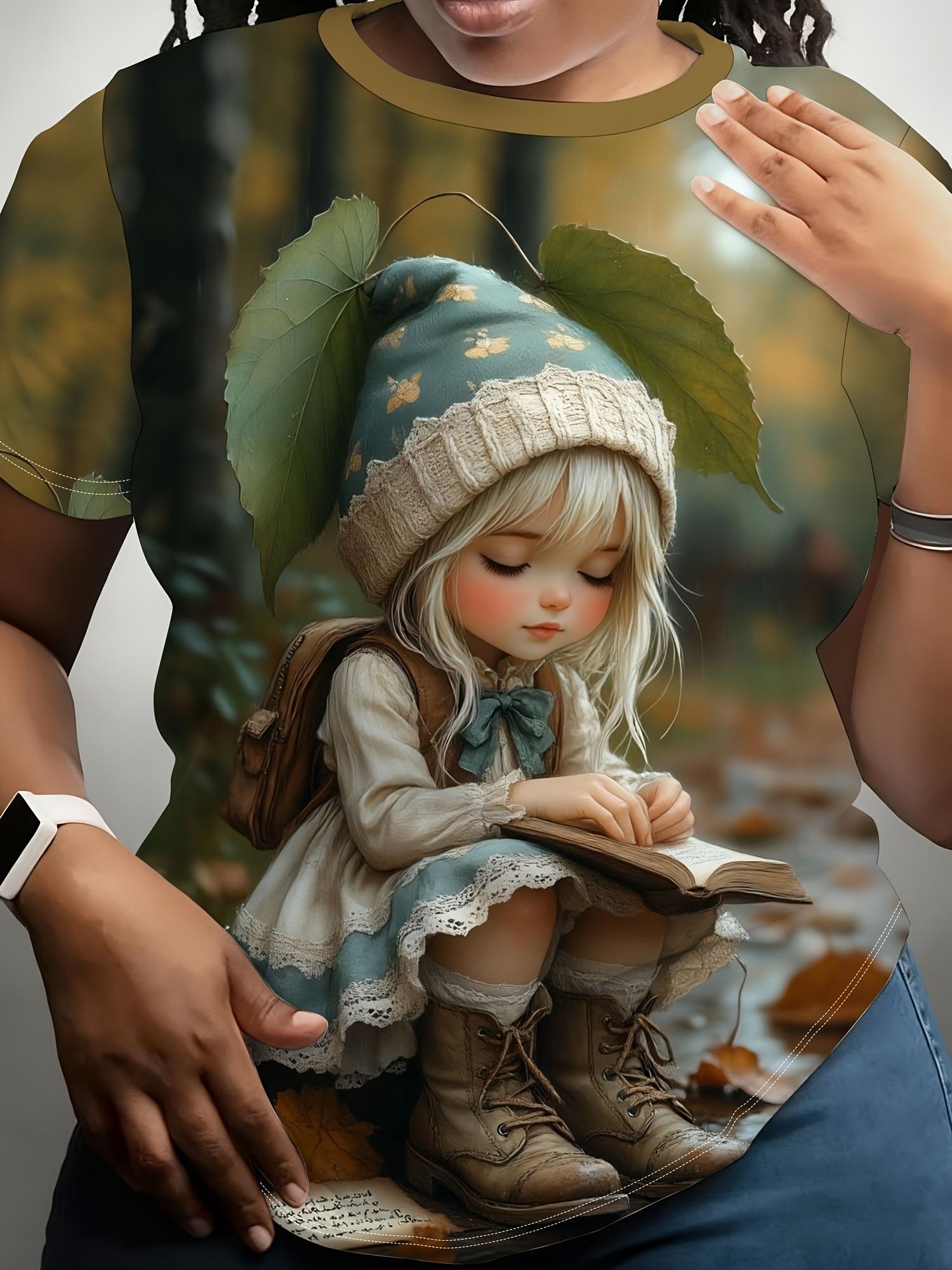 

Women s Round-neck Forest-themed T-shirt with a Forest and Book-themed Doll Print. Made of Soft and Comfortable Fabric. Machine Washable. Suitable for S