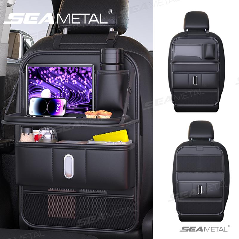 Seametal Multi-Pocket Car Organizer With Foldable Tray All In One Car Seat Back Storage Bag Tissue Holder Anti-Kick Pad For Kids