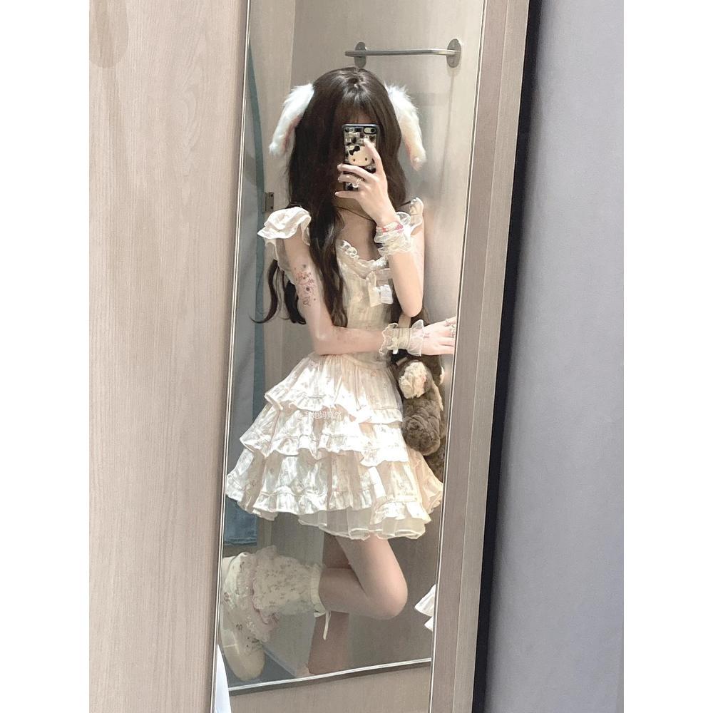 Sweet little fly sleeve floral dress female summer small man bow waist fugitive princess puffy skirt