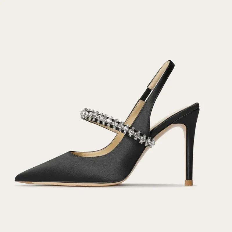 Mode Größe 34 45 Damen Diamant Bao Kopf Sandalen 2024 Neu Dünner Absatz Spitzleder Hohe Absätze Damen Hochzeitsschuhe