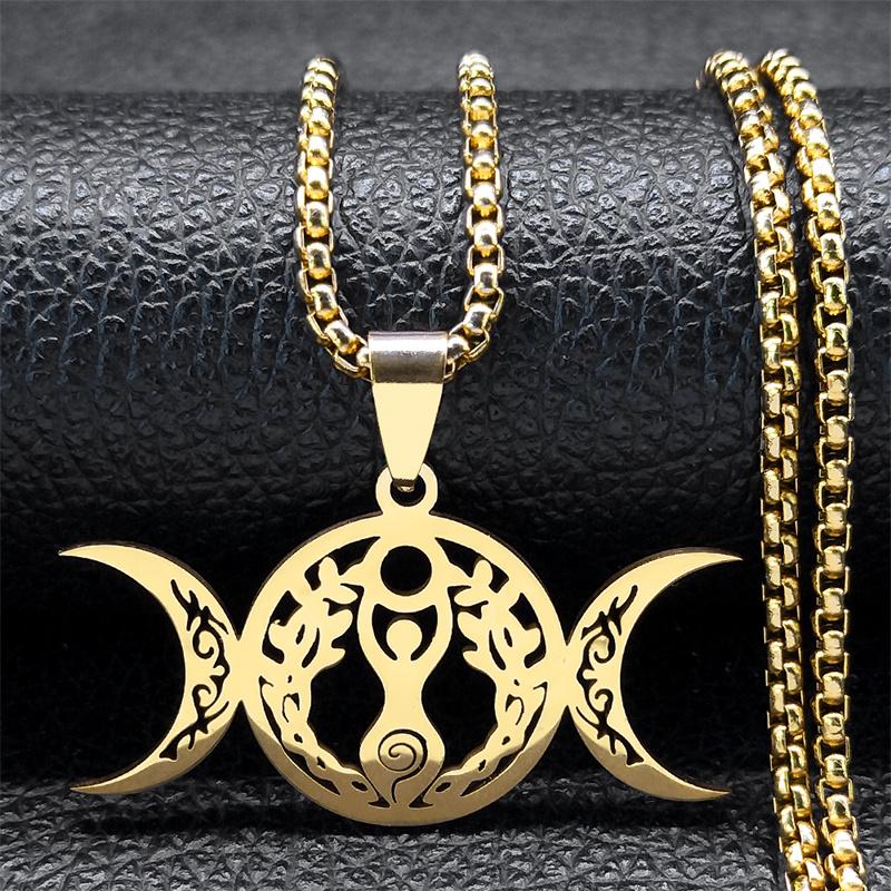 Triple Moon Goddess Luna Necklace Stainless Steel Silver Amulet Hecate Chain Jewelry for Women Men N9736S02