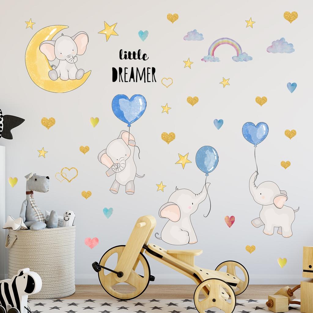 New Cartoon Baby Elephant Balloon Rainbow Wall Stickers Children's Room Living Room Bedroom Background Decorative Wall Paper