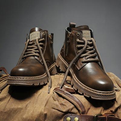 MĘSKIE BOTKI w stylu retro, skórzane botki na grubych podeszwach, odporne na zużycie, MĘSKIE buty casual high top, zapinane na boczny zamek