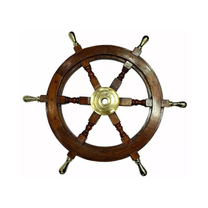 Vintage Nautical Ship Wheel Wall Decor - Wooden & Brass Collectible, Brown