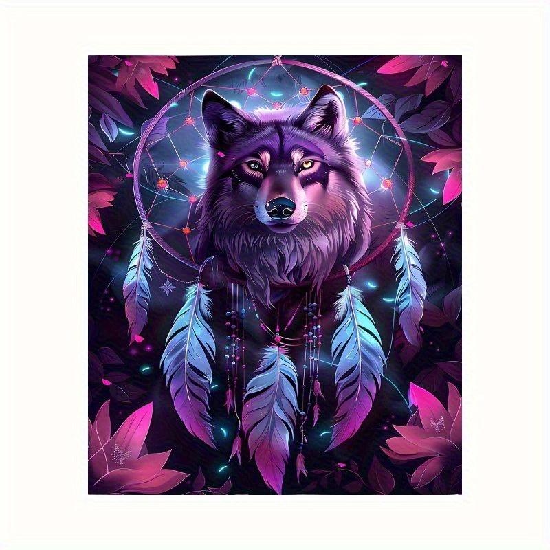 1pc Dreamcatcher Wolf Tapestry - Polyester Peach Light Beige Camping Scene Backdrop with Vibrant Neon Feathers & Dreamcatchers,